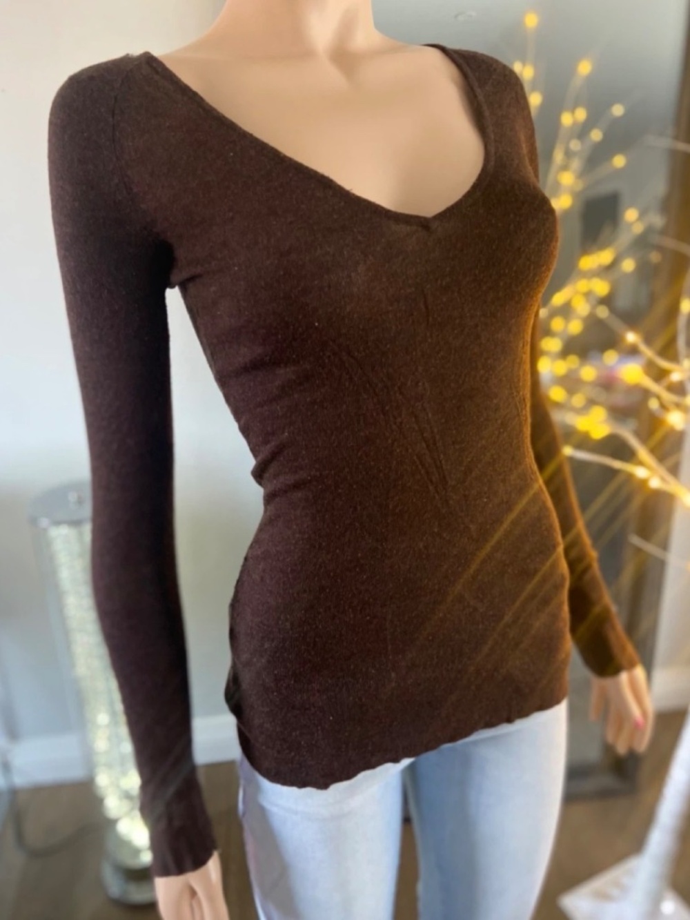 Ladies Brown Long Sleeve Deep V-Neck Sweater - Size S - Picture 2 of 10